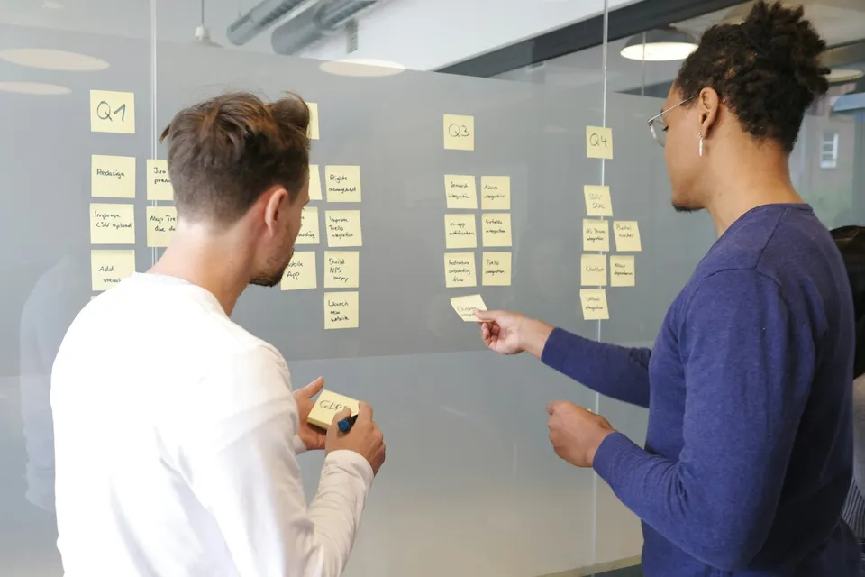 Diagramă a unui flux de lucru desenată pe o tablă